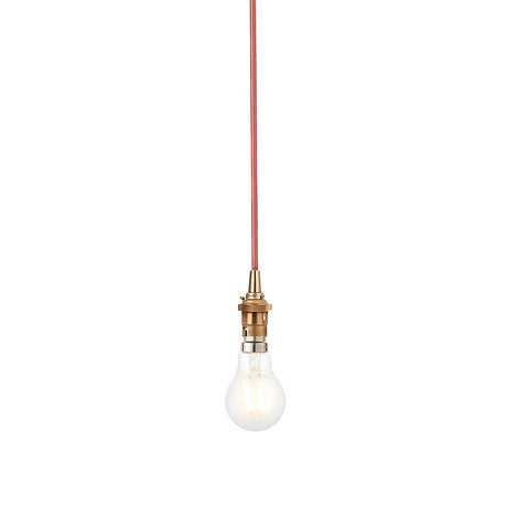 Endon Brackmont Flex Set pendant light with brushed aged brass B22 lampholder, red braided fabric cable, and exposed bulb on a plain white background.