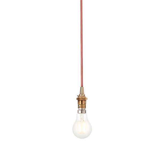 Endon Brackmont Flex Set pendant light with brushed aged brass B22 lampholder, red braided fabric cable, and exposed bulb on a plain white background.