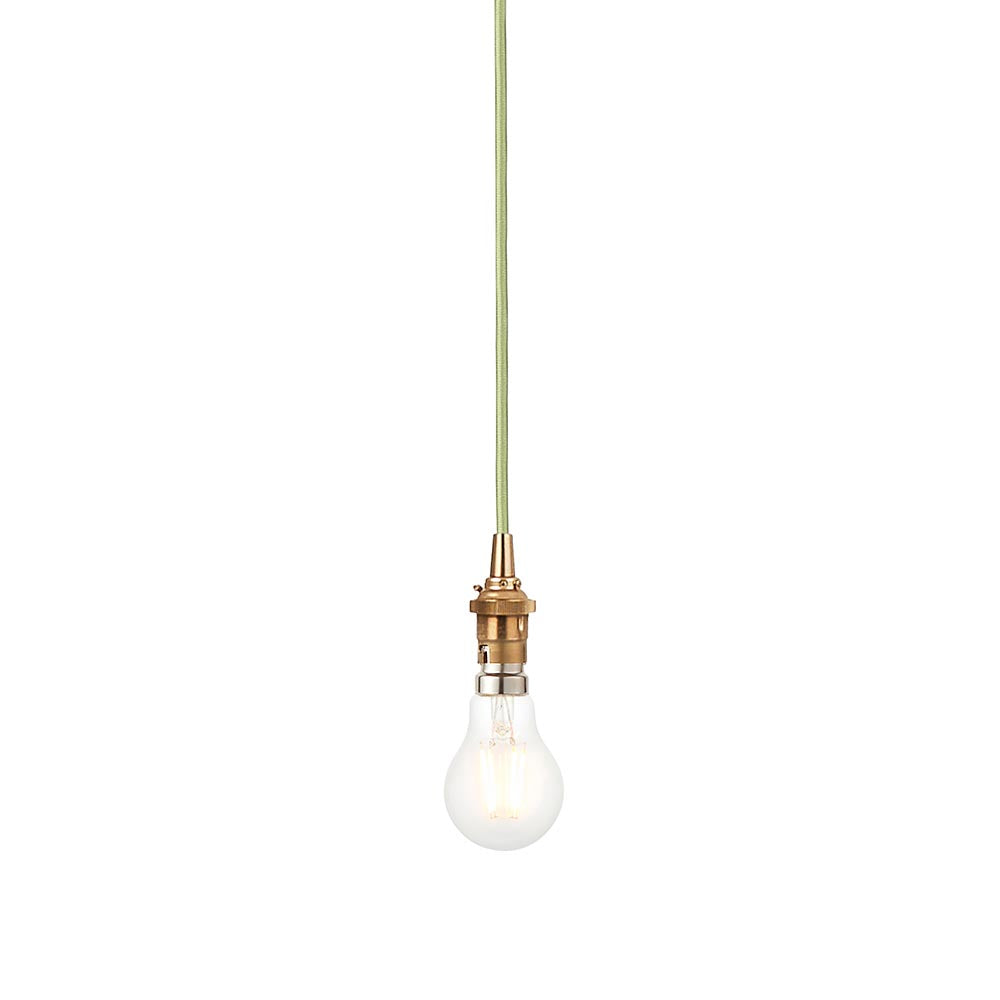 Endon Brackmont Flex Set pendant light in brushed aged brass with green braided fabric cable, B22 lampholder and exposed bulb, on a white background.
