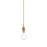 Endon Brackmont Flex Set pendant light in brushed aged brass with green braided fabric cable, B22 lampholder and exposed bulb, on a white background.