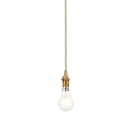 Endon Brackmont Flex Set pendant light in brushed aged brass with green braided fabric cable, B22 lampholder and exposed bulb, on a white background.