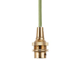 Endon Brackmont Flex Set pendant light with brushed aged brass B22 lampholder and green braided fabric cable on a white background.