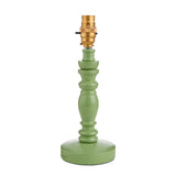 Aldworth Table Lamp base in green satin-painted turned wood with a brass B22 switched lampholder, shown on a plain white background.