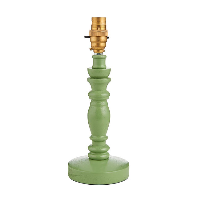 Aldworth Table Lamp base in green satin-painted turned wood with a brass B22 switched lampholder, shown on a plain white background.