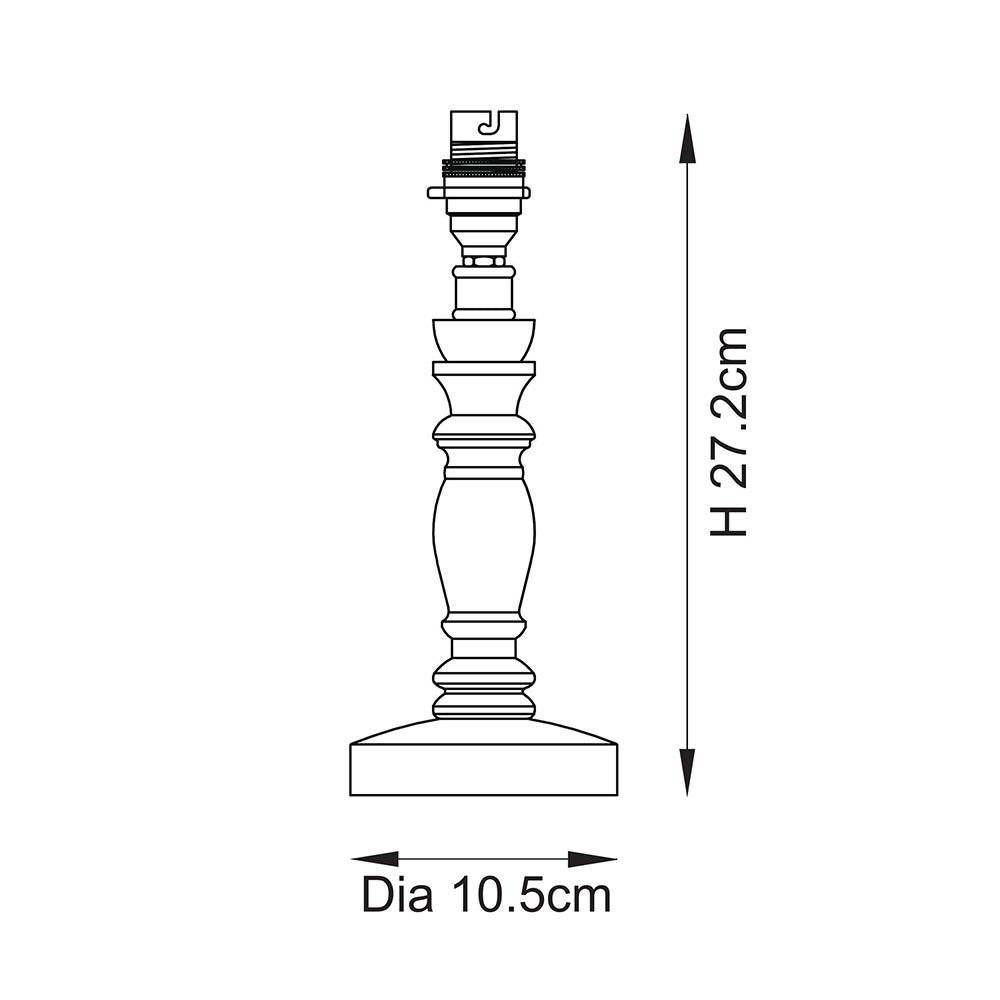 Line drawing of the Aldworth turned wood table lamp base with brass B22 lampholder, showing height 27.2cm and base diameter 10.5cm.