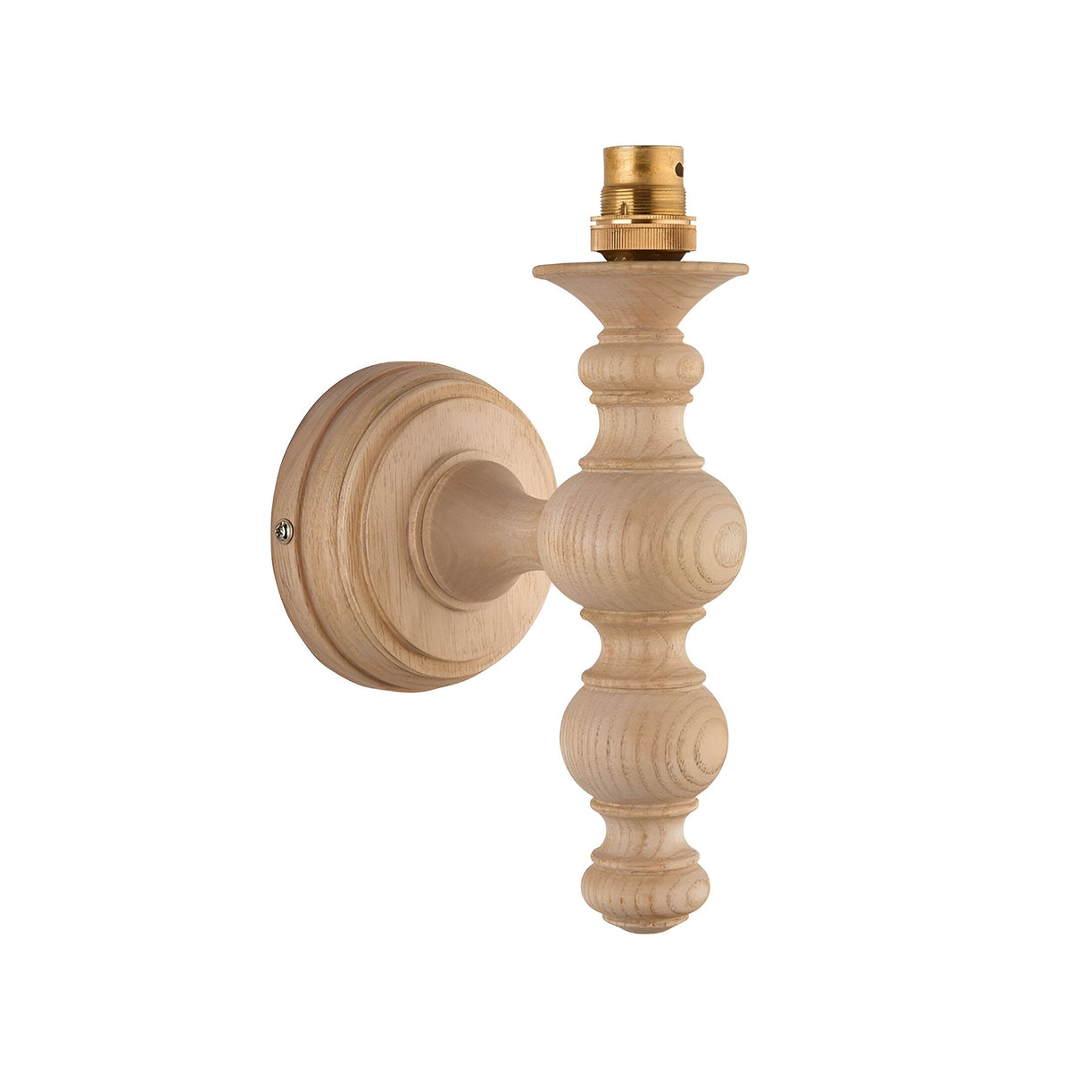 Endon Aldworth wall light in turned natural ash with visible wood grain, brass B22 lampholder, and round wall plate, shown on a plain white background.