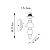 Dimensions diagram of the Endon Aldworth wall light in natural ash, showing 23.2cm height, 14.5cm projection, and 11cm width with B22 lampholder.