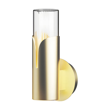 Bisel Cylinder Ribbed Glass Wall Light in gold, with a fluted glass cylinder half-wrapped in a curved gold metal sleeve on a round backplate, shown on a plain white background.