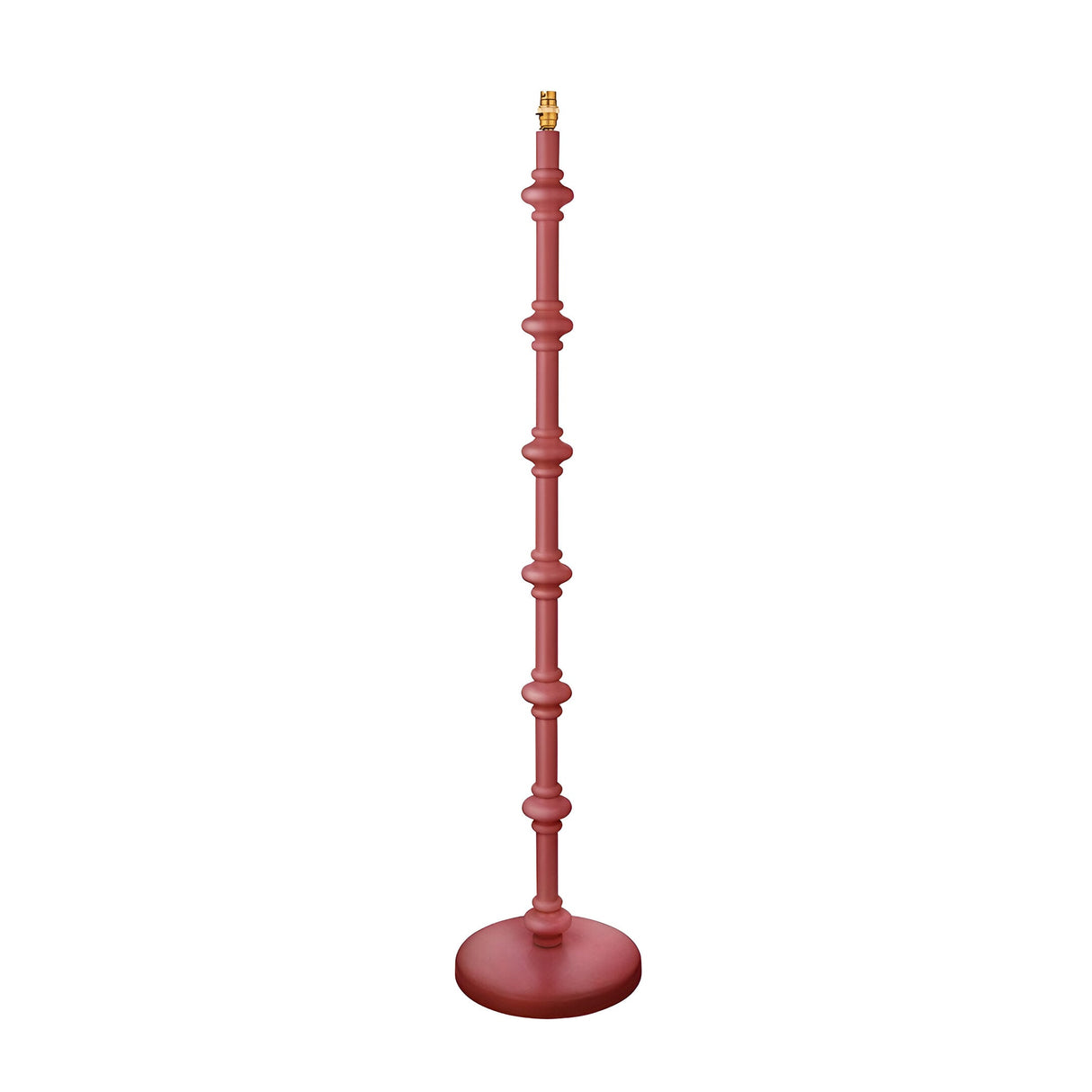Endon Bevbury floor lamp with a hand-turned wooden spindle base in satin pink clay and a brass B22 lamp holder, shown on a plain white background.