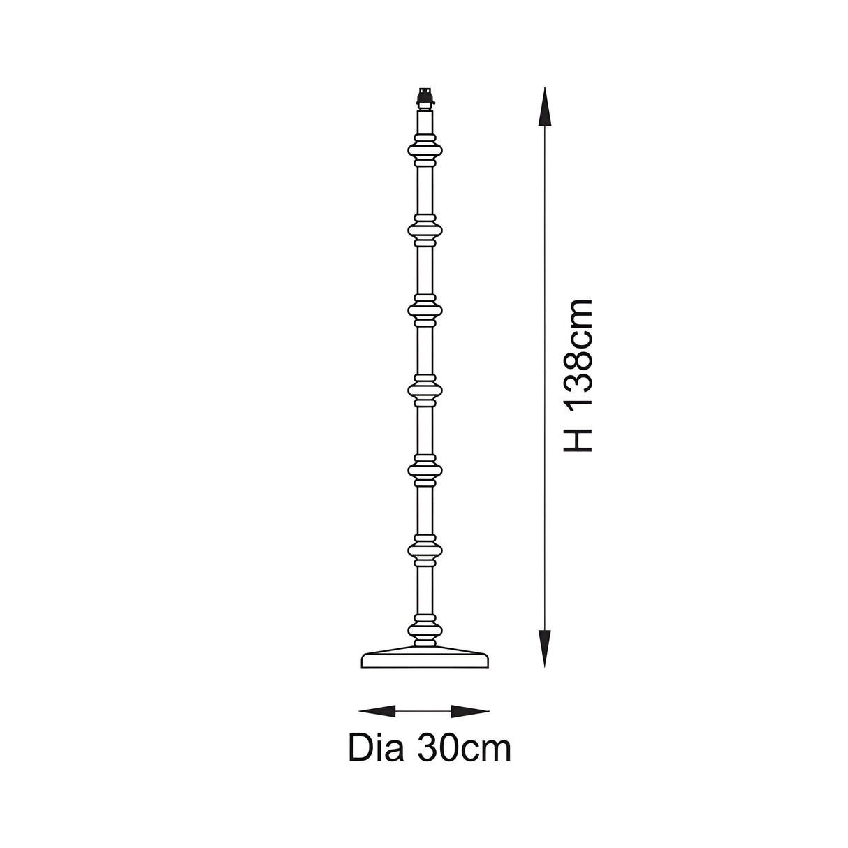 Dimension diagram of the Endon Bevbury floor lamp base showing a turned spindle design at 138cm height and 30cm diameter.