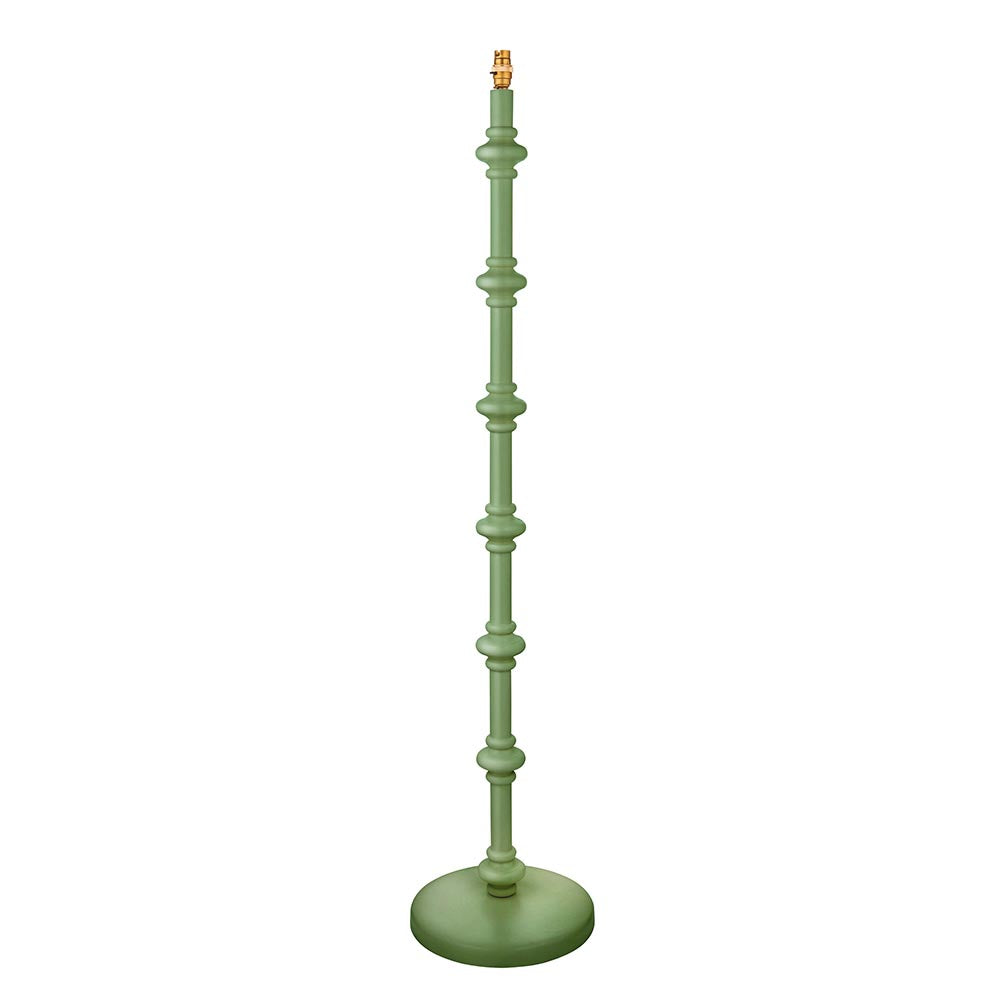 Endon Bevbury floor lamp with a hand-turned wooden spindle base in Cotswold green satin finish and brass B22 lamp holder, shown on a plain background.