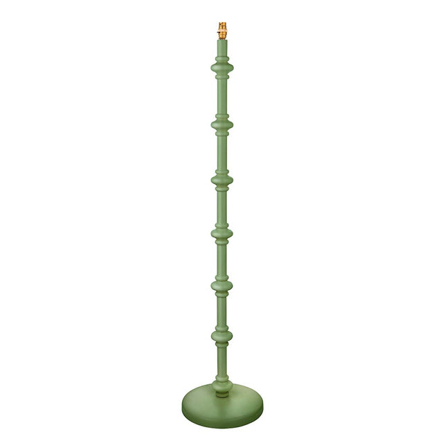 Endon Bevbury floor lamp with a hand-turned wooden spindle base in Cotswold green satin finish and brass B22 lamp holder, shown on a plain background.