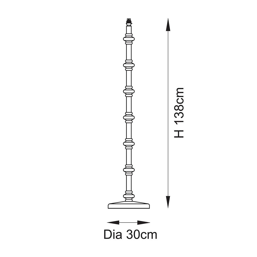 Endon Bevbury floor lamp dimension diagram showing a turned wooden spindle base, 138cm height and 30cm diameter, on a plain white background.