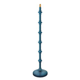 Endon Bevbury floor lamp with a turned wooden spindle base in satin blue, brass B22 lamp holder, and round base, shown on a white background.