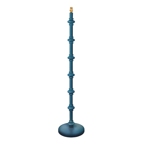 Endon Bevbury floor lamp with a turned wooden spindle base in satin blue, brass B22 lamp holder, and round base, shown on a white background.