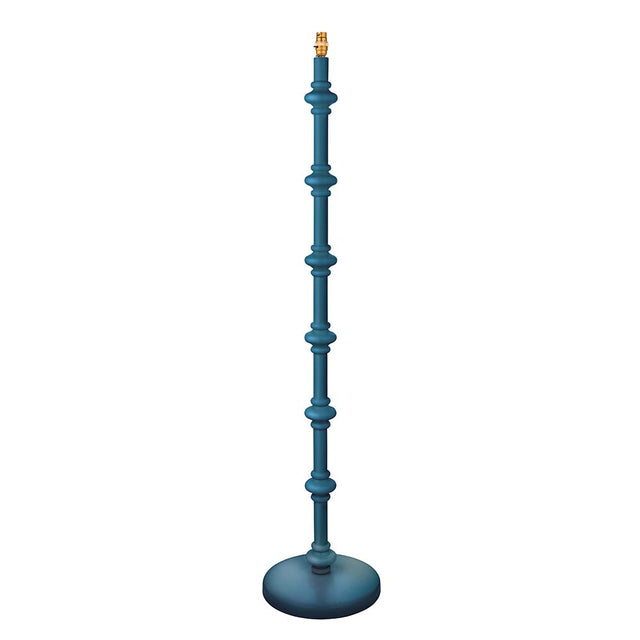 Endon Bevbury floor lamp with a turned wooden spindle base in satin blue, brass B22 lamp holder, and round base, shown on a white background.