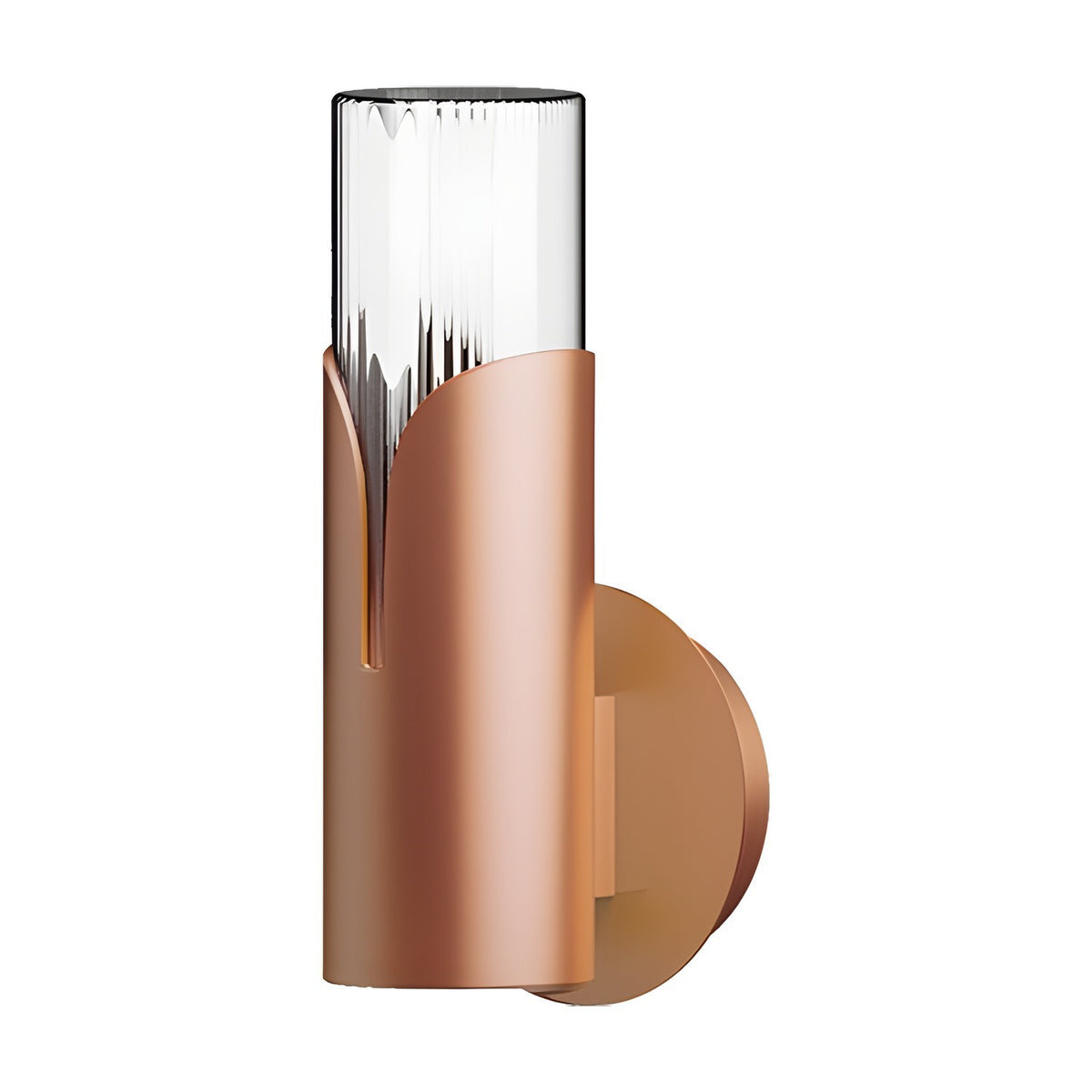 Bisel Cylinder Ribbed Glass Wall Light in Copper, with a fluted clear glass tube rising from a curved copper iron sleeve on a round wall plate, shown on a plain white background.