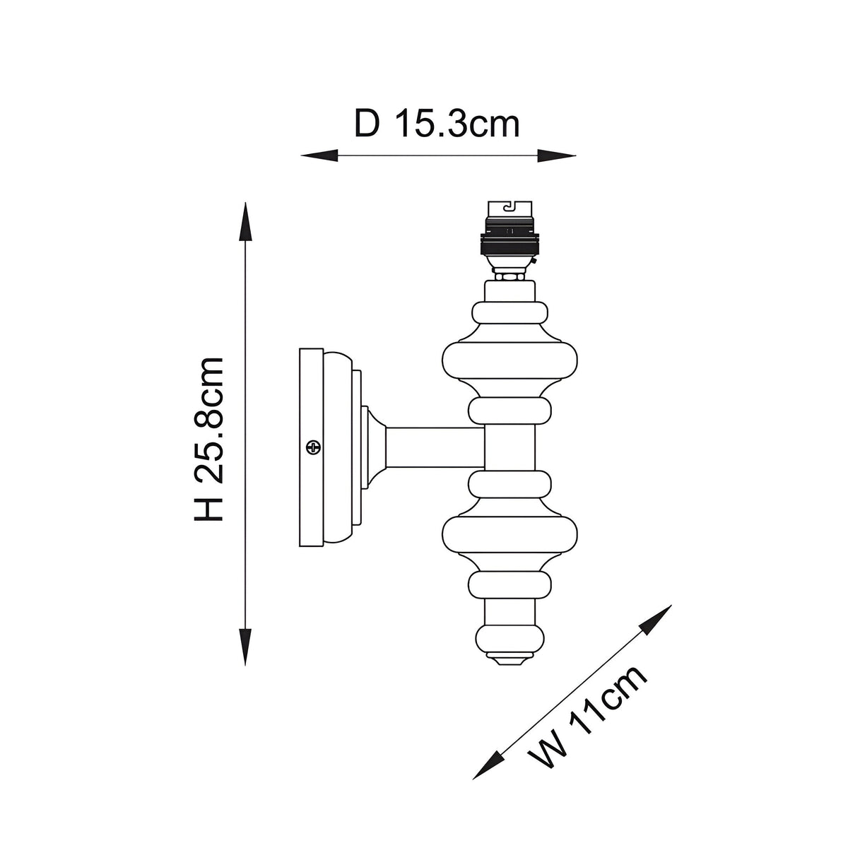 Endon Bevbury wall light dimension diagram showing 25.8cm height, 11cm width and 15.3cm projection with brass B22 lamp holder on turned spindle.