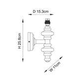 Endon Bevbury wall light dimension diagram showing 25.8cm height, 11cm width and 15.3cm projection with brass B22 lamp holder on turned spindle.