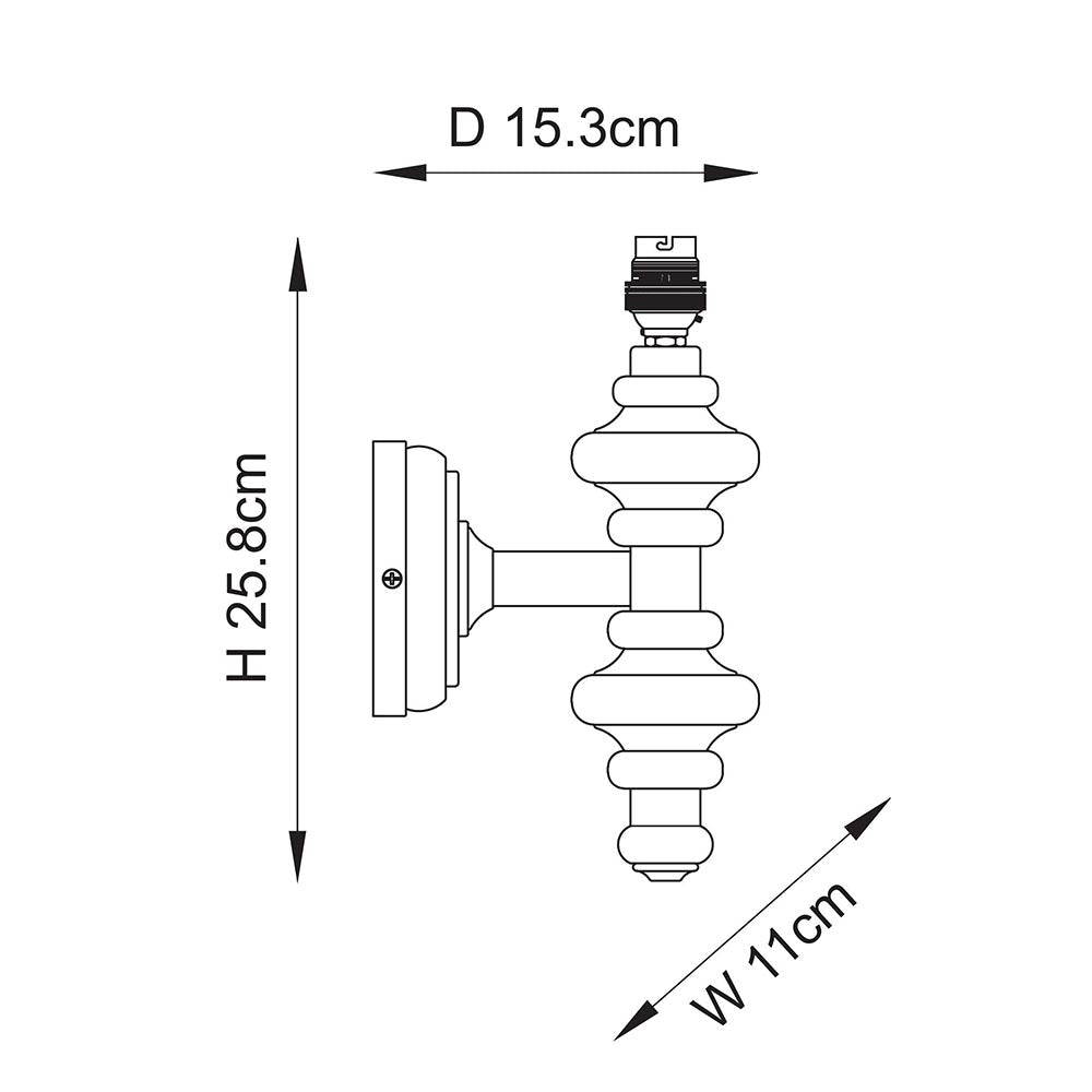 Dimension diagram of Endon Bevbury wall light showing 25.8cm height, 15.3cm depth and 11cm width, with turned spindle and brass B22 lamp holder.