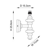 Dimension diagram of Endon Bevbury wall light showing 25.8cm height, 15.3cm depth and 11cm width, with turned spindle and brass B22 lamp holder.