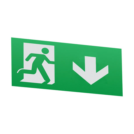 The Down Facing Arrow for the EMSWING Range is a green emergency exit sign crafted from durable polycarbonate, featuring a figure running through a door with a prominent downward arrow to indicate the exit direction. Its IP20 rating ensures visibility and safety compliance during emergencies.