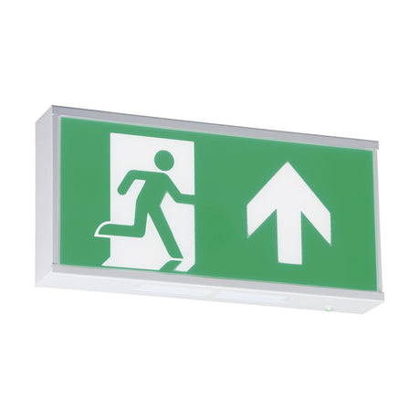 The Wall Mounted LED Emergency Exit Sign is a green maintained LED exit sign that shows a white figure running towards an open door with an upward-pointing arrow. It operates at 230V IP20 to indicate the direction to follow.
