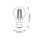 Dimensioned line drawing of the Endon 7W B22 LED filament GLS bulb showing 10.3cm height and 6cm diameter on a plain white background.