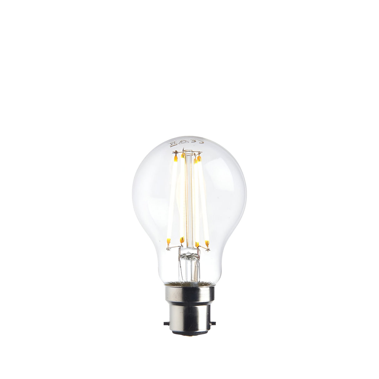 Endon 7W B22 LED filament GLS bulb in warm white with clear glass and visible filaments, bayonet cap, shown on a plain white background.