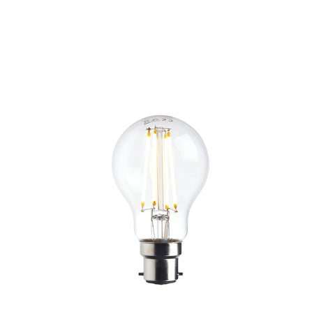 Endon 7W B22 LED filament GLS bulb in warm white with clear glass and visible filaments, bayonet cap, shown on a plain white background.