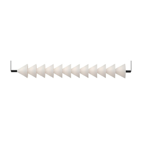 Boga Horizontal LED Cone Glass Linear Pendant Light in matt black, a long iron bar holding a row of white blown-glass cone shades, shown on a plain white background.