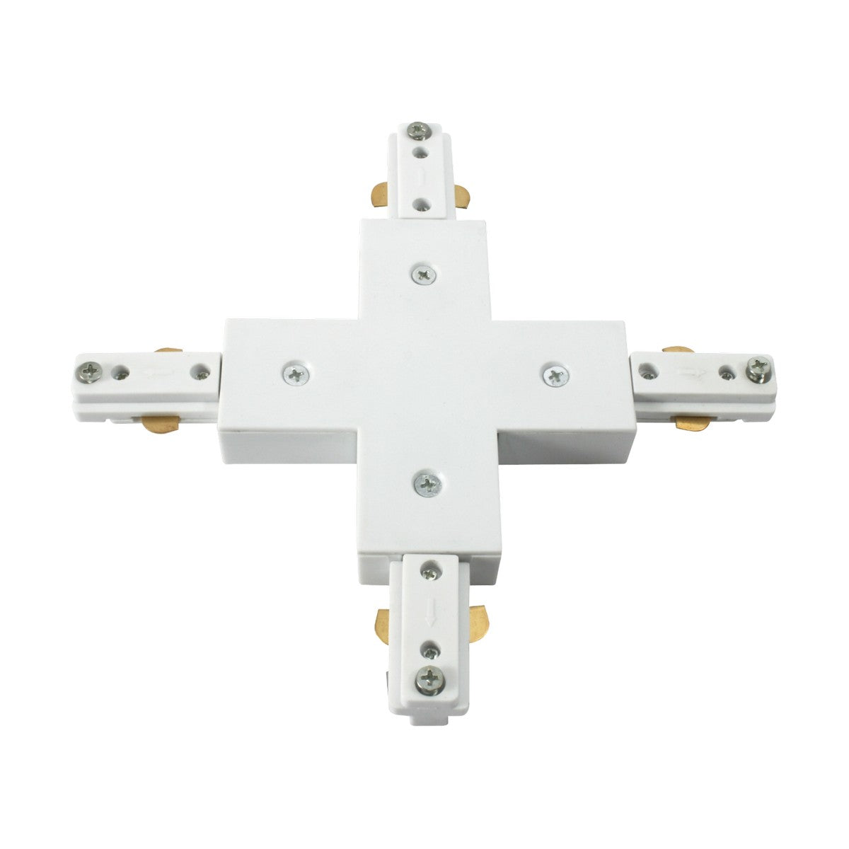 The 4-Way Track X-Connector - White, from the TRK Track series, features a sleek white finish in its symmetrical design. This cross-shaped connector is equipped with four arms that include metallic connectors and screws, expertly designed for merging multiple electrical paths against a pristine white backdrop.