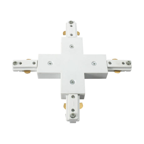 The 4-Way Track X-Connector - White, from the TRK Track series, features a sleek white finish in its symmetrical design. This cross-shaped connector is equipped with four arms that include metallic connectors and screws, expertly designed for merging multiple electrical paths against a pristine white backdrop.