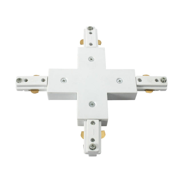 The 4-Way Track X-Connector - White, from the TRK Track series, features a sleek white finish in its symmetrical design. This cross-shaped connector is equipped with four arms that include metallic connectors and screws, expertly designed for merging multiple electrical paths against a pristine white backdrop.