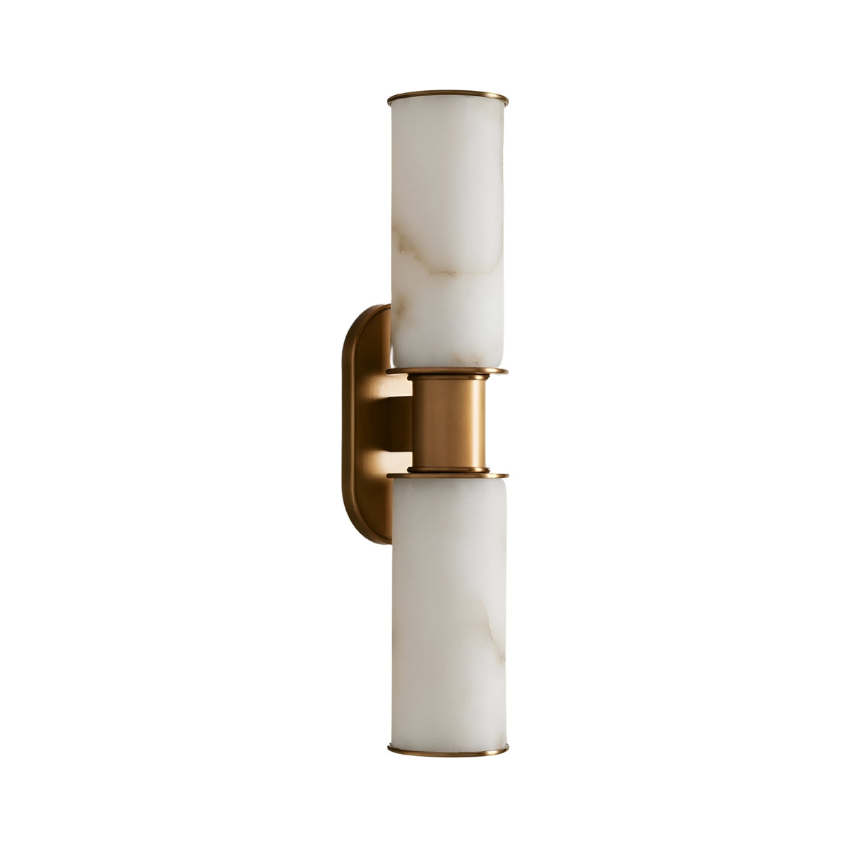 The Lumara 2 Light Twin Tube Alabaster Wall Light features soft white alabaster shades and brushed brass accents, mounted vertically on a matching brass backplate against a white background.