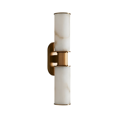 The Lumara 2 Light Twin Tube Alabaster Wall Light features soft white alabaster shades and brushed brass accents, mounted vertically on a matching brass backplate against a white background.