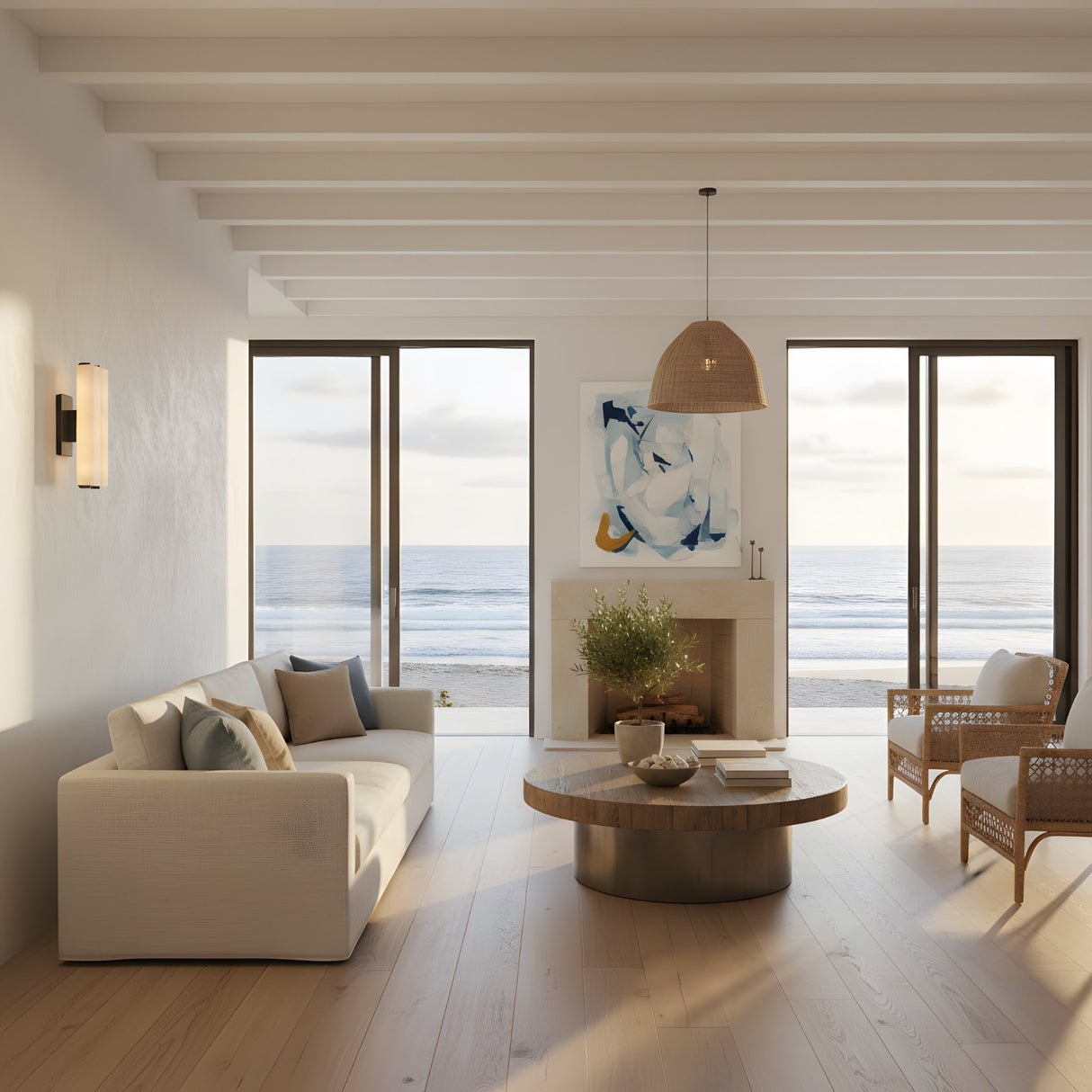 Modern living room with large windows overlooking the ocean, neutral furnishings like a white sofa and wooden coffee table, and Selvara LED Small Alabaster Double Wall Light in matte black & soft white providing gentle illumination as natural light fills the space.