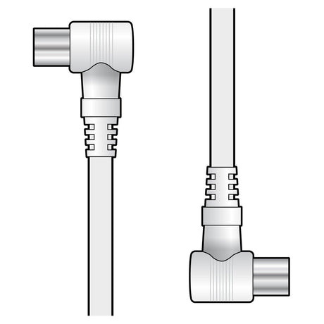 Illustration of AV:Link Coaxial Lead Right Angle Plugs featuring metal tips and flexible protective casings, presented from both a side view and a top-down view. Each connector is affixed to a 0.5m coaxial lead extending outwards, emphasizing efficient cable management.