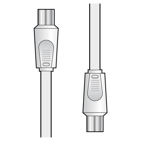 Illustration of two AV:Link Coaxial Plug to Plug Leads, each measuring 10 meters. One cable is shown from the front, focusing on the connector end essential for signal distribution, while the other is viewed from the side to emphasize its length and rounded connector. Both cables share a similar design with metal ends that are ideal for aerial or satellite connections.