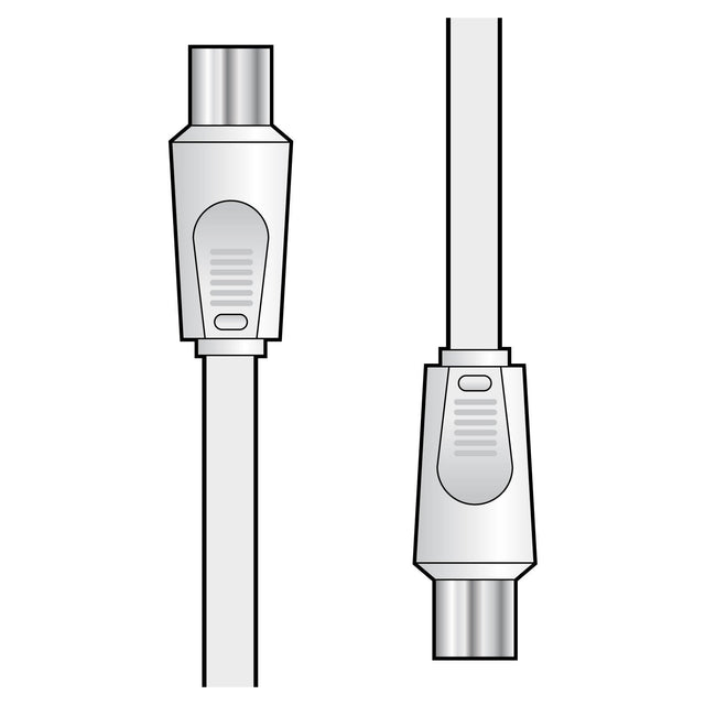 Illustration of two AV:Link Coaxial Plug to Plug Leads, each measuring 10 meters. One cable is shown from the front, focusing on the connector end essential for signal distribution, while the other is viewed from the side to emphasize its length and rounded connector. Both cables share a similar design with metal ends that are ideal for aerial or satellite connections.