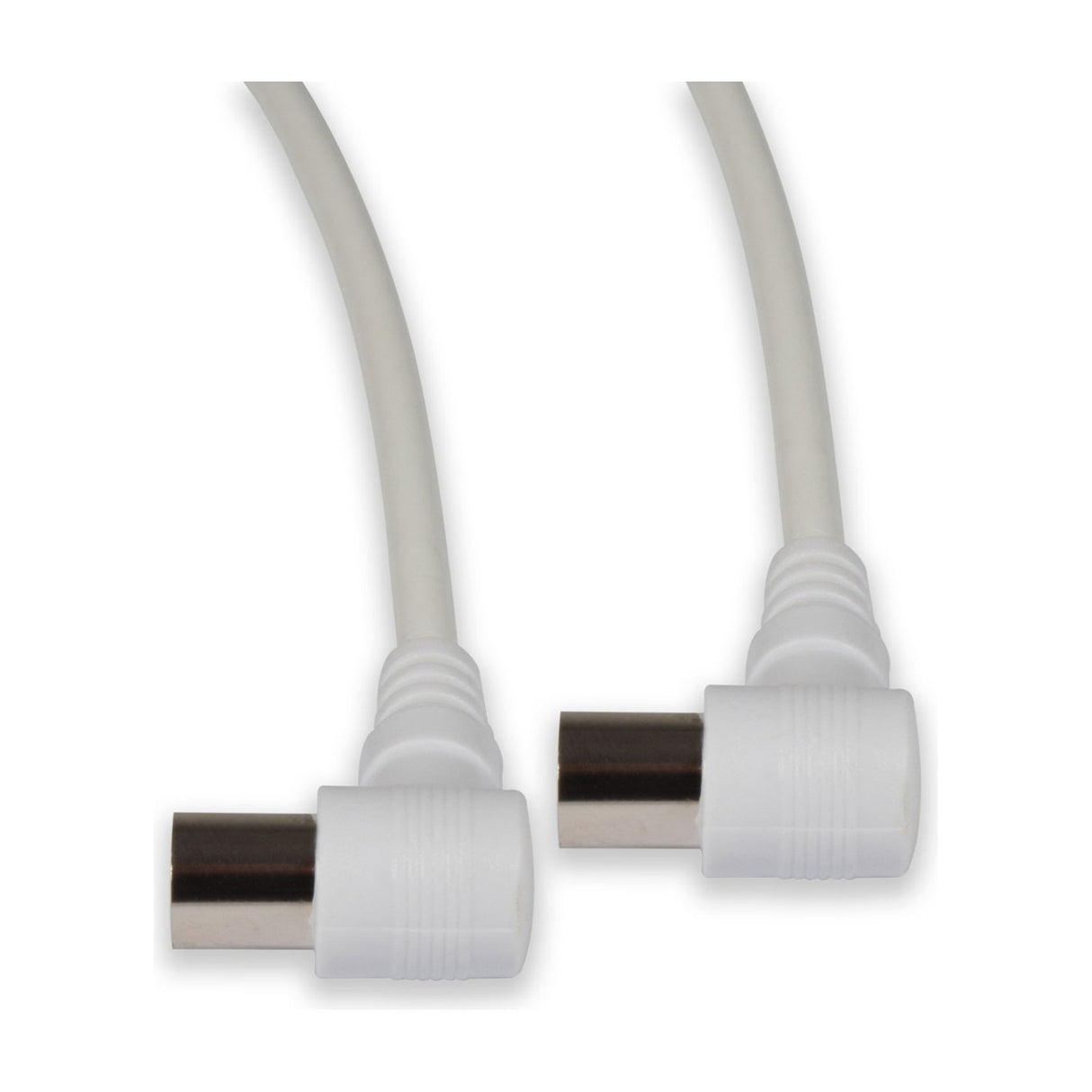 AV:Link 1.0m coaxial lead with white right angle plug to plug connectors and nickel contacts, shown on a plain white background.