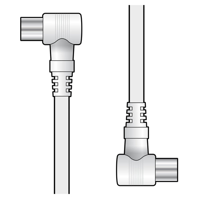 Illustration of the AV:Link Coaxial Lead with right angle plugs and a straight connector. The cable is displayed vertically, highlighting the connector design features such as grooves and metallic ends. These connectors on the coaxial lead appear robust and practical, ensuring efficient cable management.