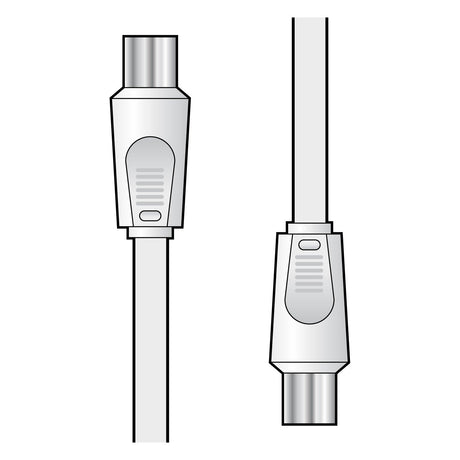 The image features an AV:Link Coaxial Lead Plug To Socket – 2m in two pieces, each with metallic connectors, arranged vertically. The ridged grips and the design of the coaxial extension lead are illustrated from both front and side perspectives in a straightforward, technical manner.