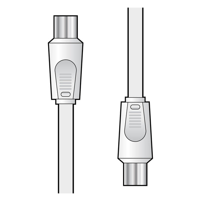 The image features an AV:Link Coaxial Lead Plug To Socket – 2m in two pieces, each with metallic connectors, arranged vertically. The ridged grips and the design of the coaxial extension lead are illustrated from both front and side perspectives in a straightforward, technical manner.