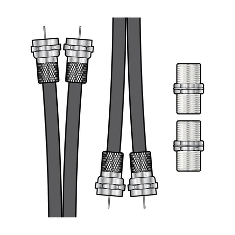 AV:Link twin RG6 satellite extension kit with two 3m black coaxial cables, pre-fitted F-type connectors, and two barrel couplers on a white background.