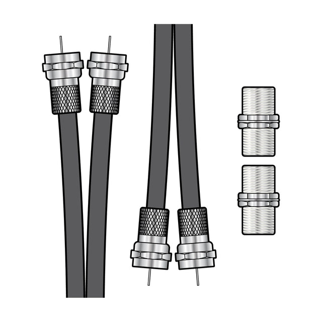 AV:Link twin RG6 satellite extension kit with two 3m black coaxial cables, pre-fitted F-type connectors, and two barrel couplers on a white background.