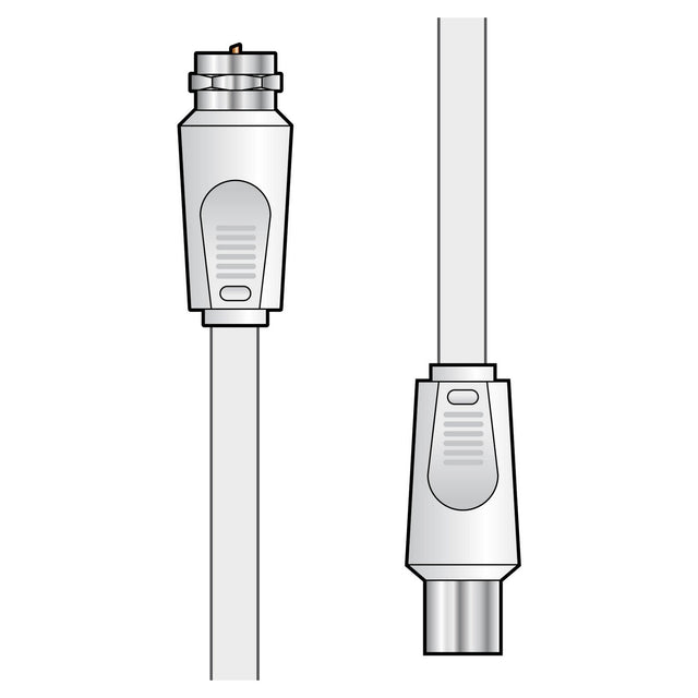 The AV:Link Coaxial F-Type Plug To Coax Plug Lead - 2m features an illustration with two connectors attached to gray cables, perfect for aerial or satellite signal distribution. The left connector is angled, showcasing the inner copper core, while the right connector is straight and emphasizes the outer metal shell along with the grooved grip section of an F plug. Both connectors have a sleek silver finish.