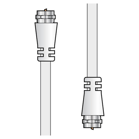 Illustration of two AV:Link Coaxial F-Type Plug To Plug Leads with white outer layers and F-type plugs at the ends, positioned vertically against a plain background. Designed for efficient signal transmission, these 2-meter-long cables boast a 75 ohm impedance for optimal performance.