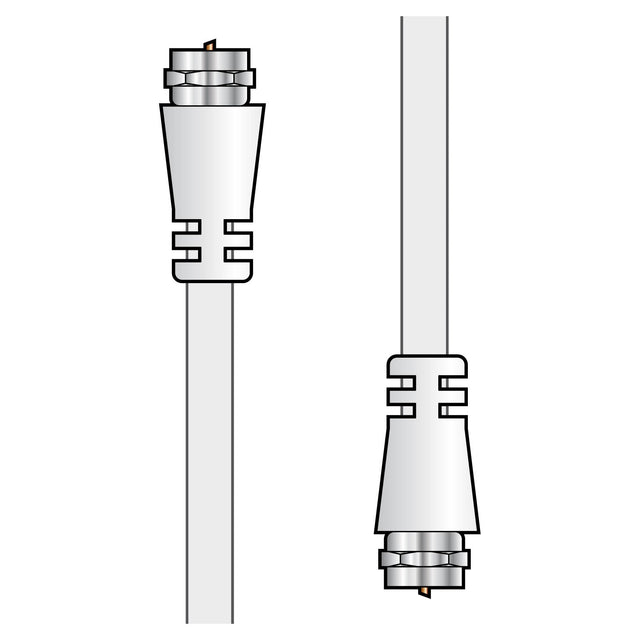 Illustration of two AV:Link Coaxial F-Type Plug To Plug Leads with white outer layers and F-type plugs at the ends, positioned vertically against a plain background. Designed for efficient signal transmission, these 2-meter-long cables boast a 75 ohm impedance for optimal performance.