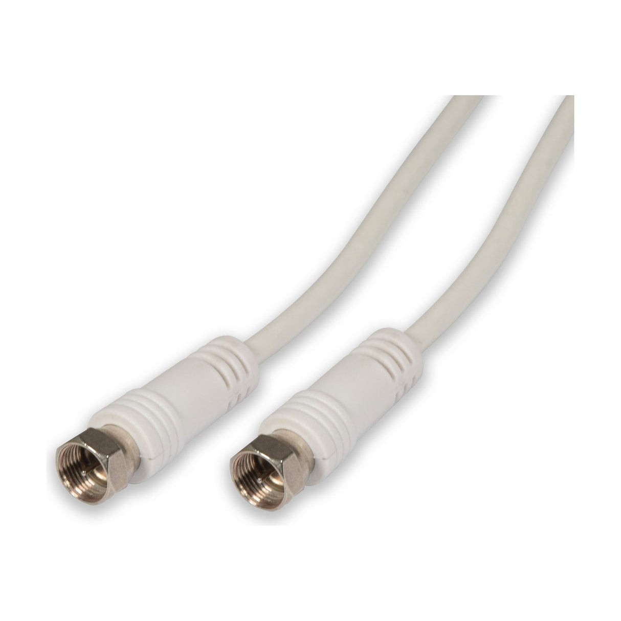 AV:Link 10m coaxial flylead with screw-on F-type plugs at both ends, shown in white with silver metal connectors on a plain white background.